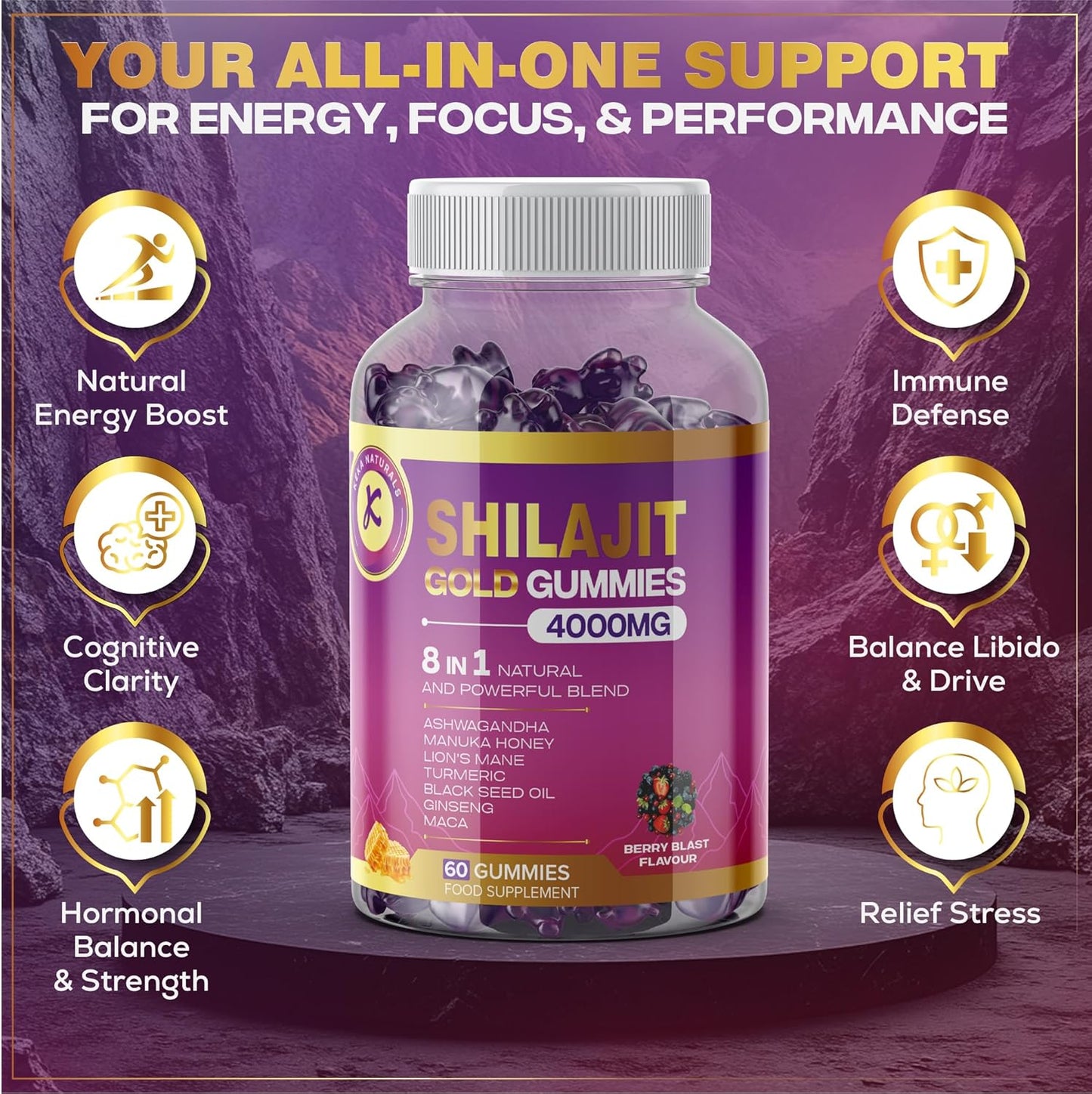 Shilajit Gummies 8-In-1 Blend - Ashwagandha, Manuka Honey, Maca Root, Ginseng, Turmeric, Lion’S Mane, Black Seed Oil - High Strength, 60 Gummies
