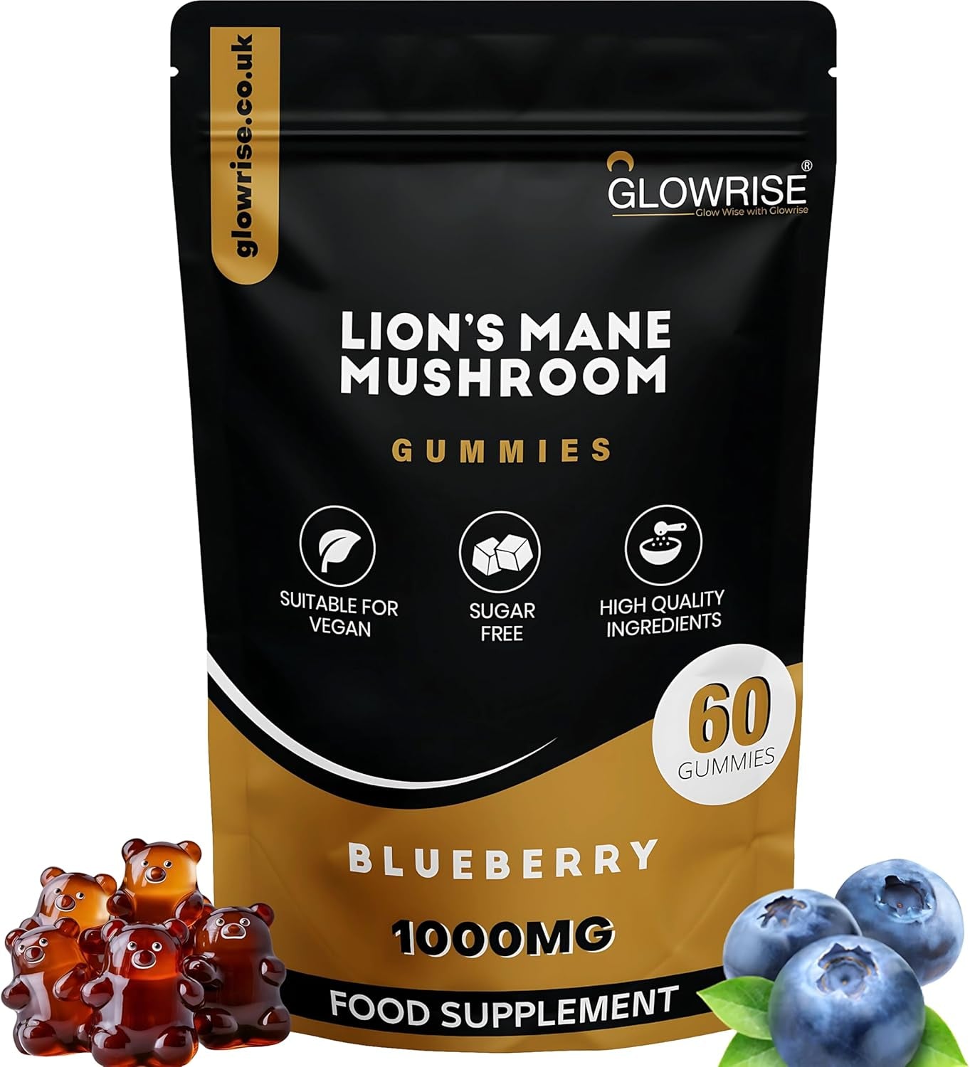 Lions Mane Mushroom Gummies for Adults 60,000 Mg per Pack Vegan Supplements, Sugar Free Mushroom, Immune Support Gummies (Two Months Supply) Blueberry Flavor