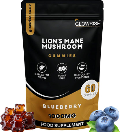 Lions Mane Mushroom Gummies for Adults 60,000 Mg per Pack Vegan Supplements, Sugar Free Mushroom, Immune Support Gummies (Two Months Supply) Blueberry Flavor