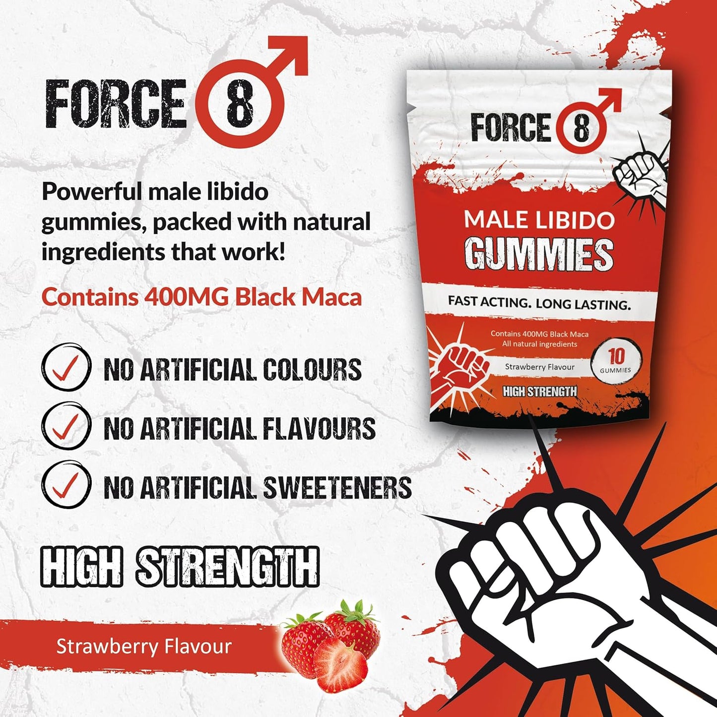 Force 8 Libido Supplement for Men | High Strength | Natural & Nutritional 400G Maca Root Complex | X10 Long Lasting Strawberry Flavoured Gummies