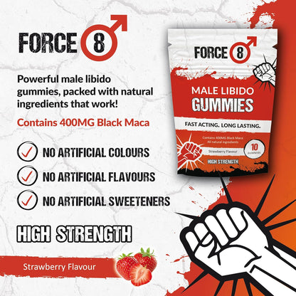 Force 8 Libido Supplement for Men | High Strength | Natural & Nutritional 400G Maca Root Complex | X10 Long Lasting Strawberry Flavoured Gummies