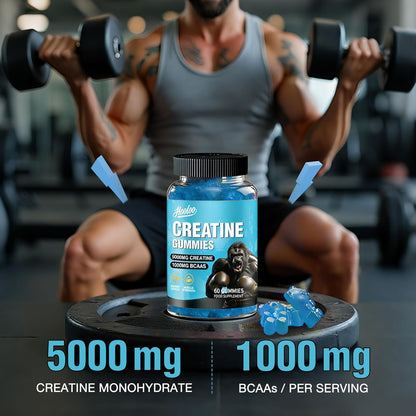 Creatine Gummies 5000Mg Creatine Monohydrate with 1000Mg Bcaas (1 Month Supply) for Men & Women, Vegan & Sugar-Free, Easy Pre/Post Workout Gym Support for Performance and Muscle Power, Blueberry