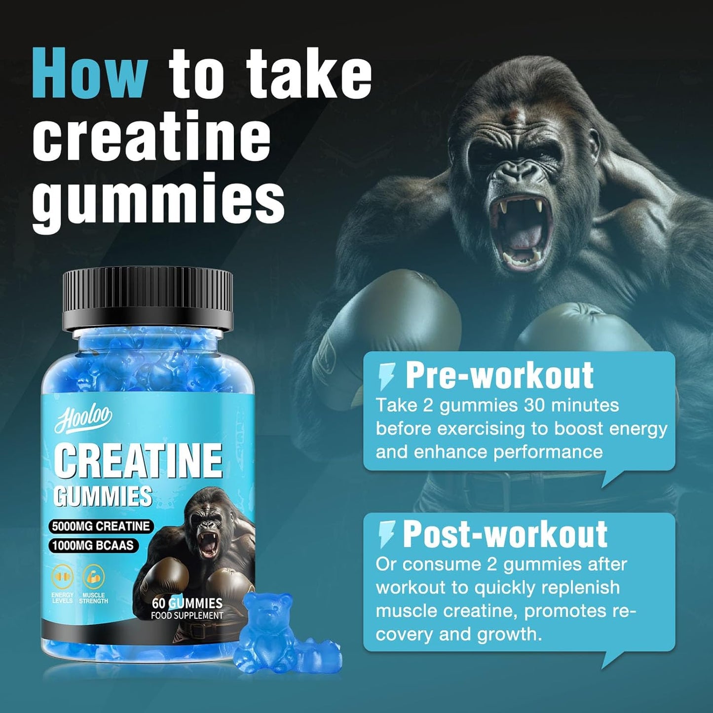 Creatine Gummies 5000Mg Creatine Monohydrate with 1000Mg Bcaas (1 Month Supply) for Men & Women, Vegan & Sugar-Free, Easy Pre/Post Workout Gym Support for Performance and Muscle Power, Blueberry