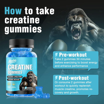 Creatine Gummies 5000Mg Creatine Monohydrate with 1000Mg Bcaas (1 Month Supply) for Men & Women, Vegan & Sugar-Free, Easy Pre/Post Workout Gym Support for Performance and Muscle Power, Blueberry