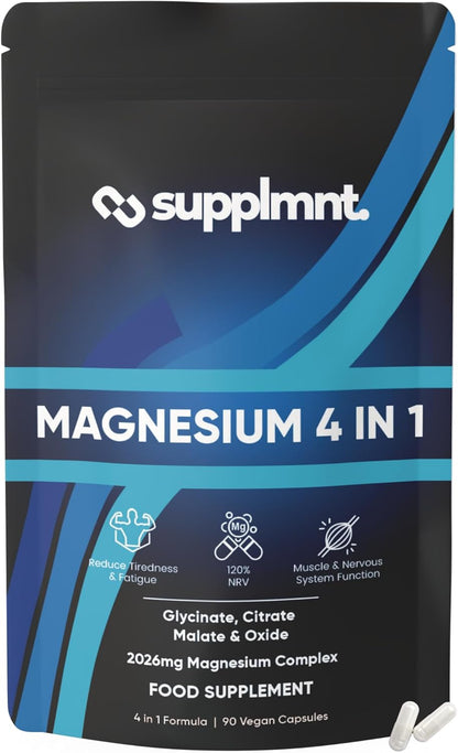Magnesium Glycinate 4-In-1 Complex - 2026Mg Supplements as Bisglycinate, Citrate, Malate & Oxide 90 Vegan Capsules, Triple High Absorption 449Mg Elemental, UK Made