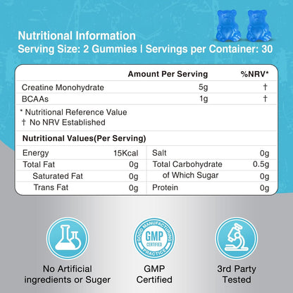 Creatine Gummies 5000Mg Creatine Monohydrate with 1000Mg Bcaas (1 Month Supply) for Men & Women, Vegan & Sugar-Free, Easy Pre/Post Workout Gym Support for Performance and Muscle Power, Blueberry