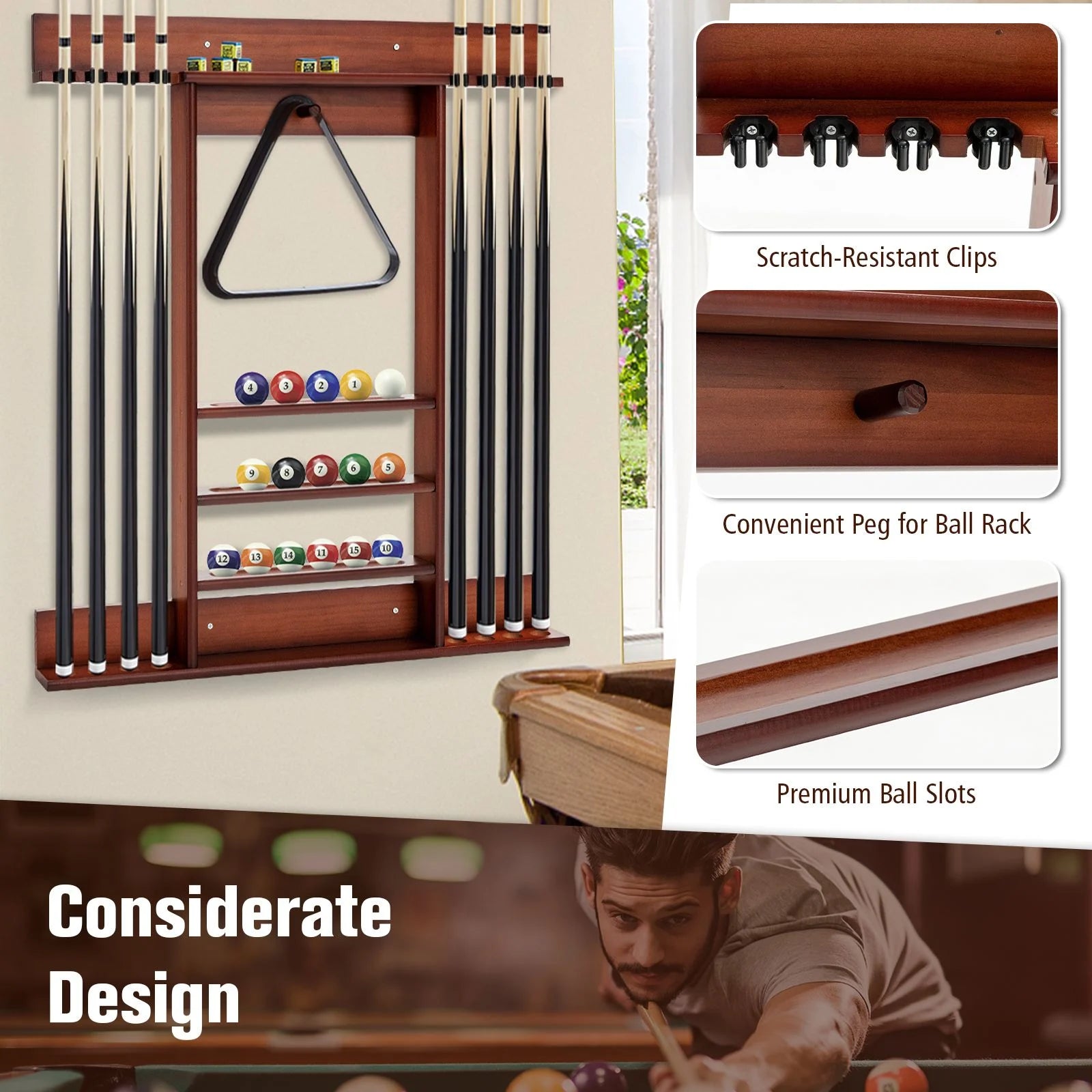 Wall-Mounted Billiards Pool Cue Rack