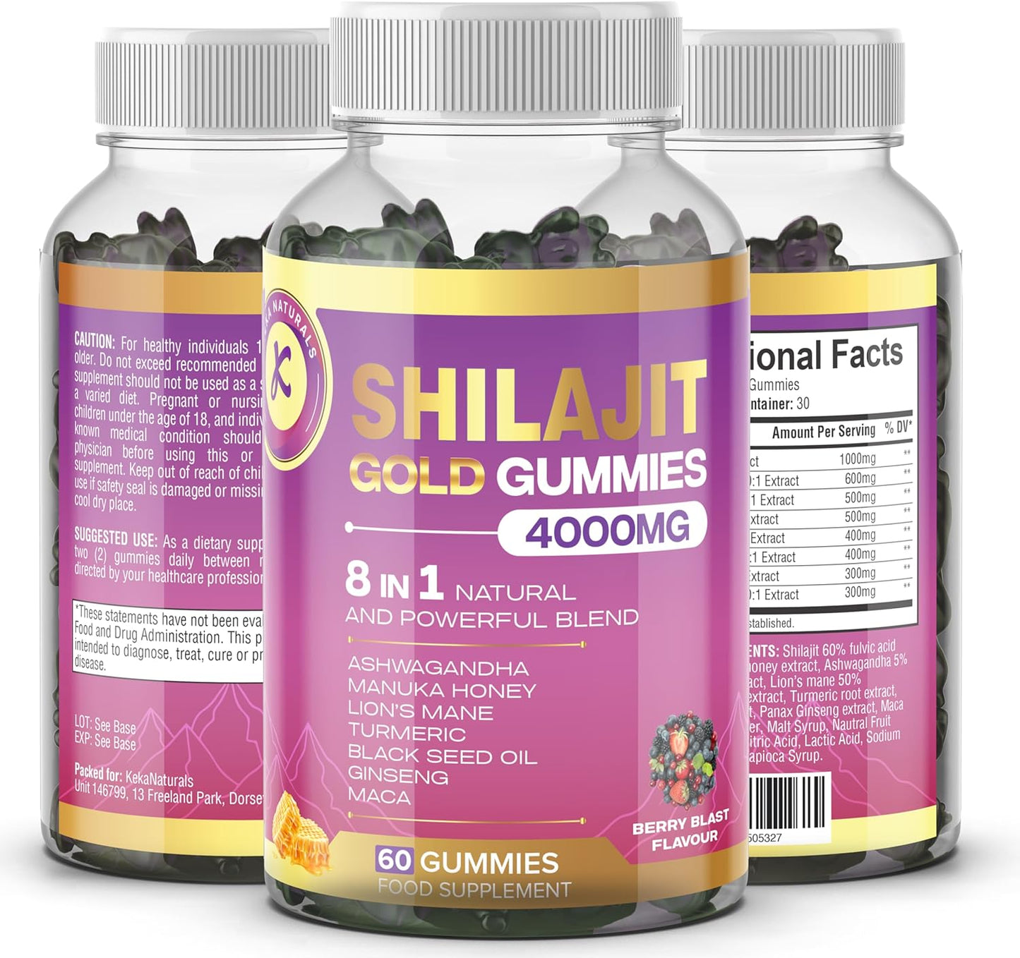 Shilajit Gummies 8-In-1 Blend - Ashwagandha, Manuka Honey, Maca Root, Ginseng, Turmeric, Lion’S Mane, Black Seed Oil - High Strength, 60 Gummies