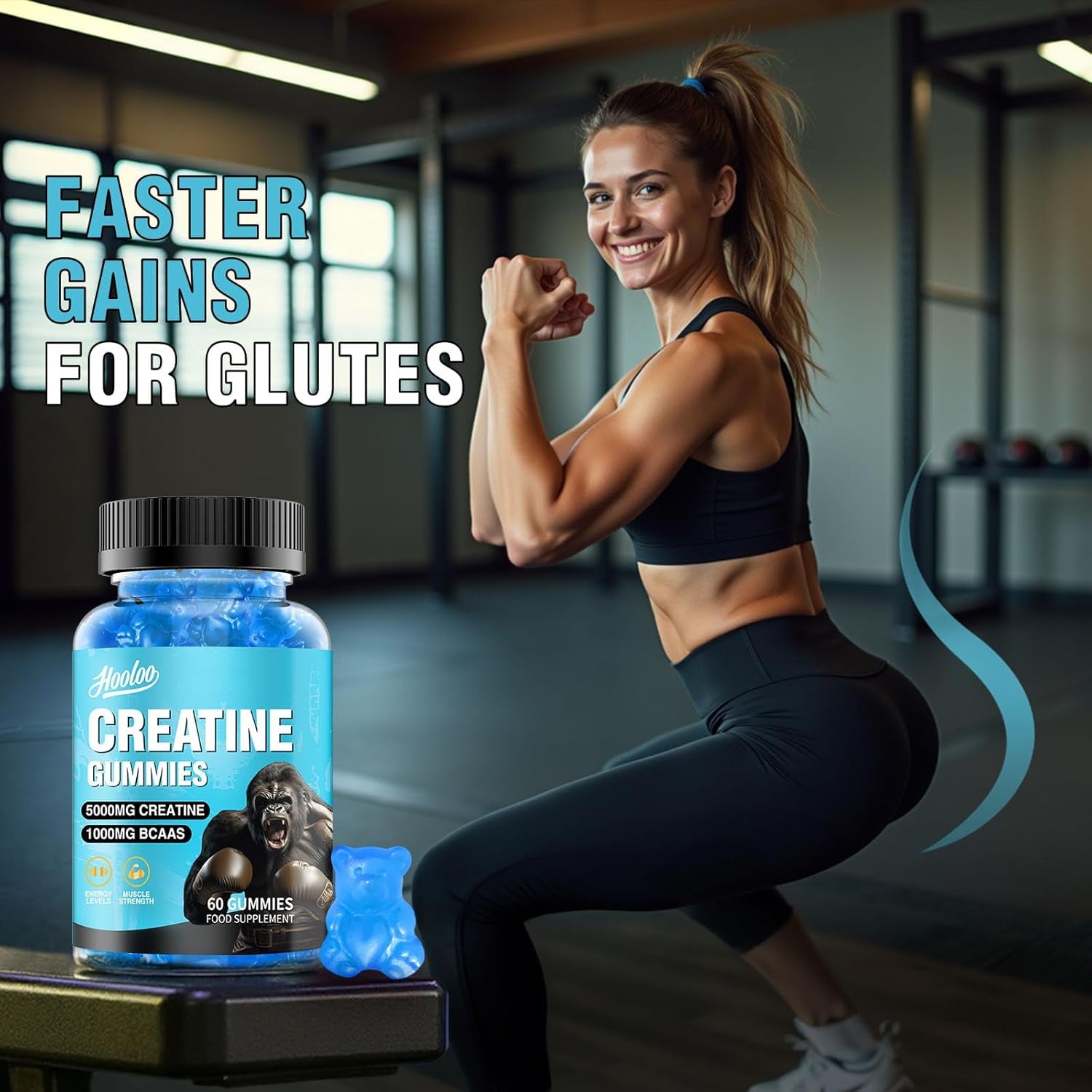 Creatine Gummies 5000Mg Creatine Monohydrate with 1000Mg Bcaas (1 Month Supply) for Men & Women, Vegan & Sugar-Free, Easy Pre/Post Workout Gym Support for Performance and Muscle Power, Blueberry