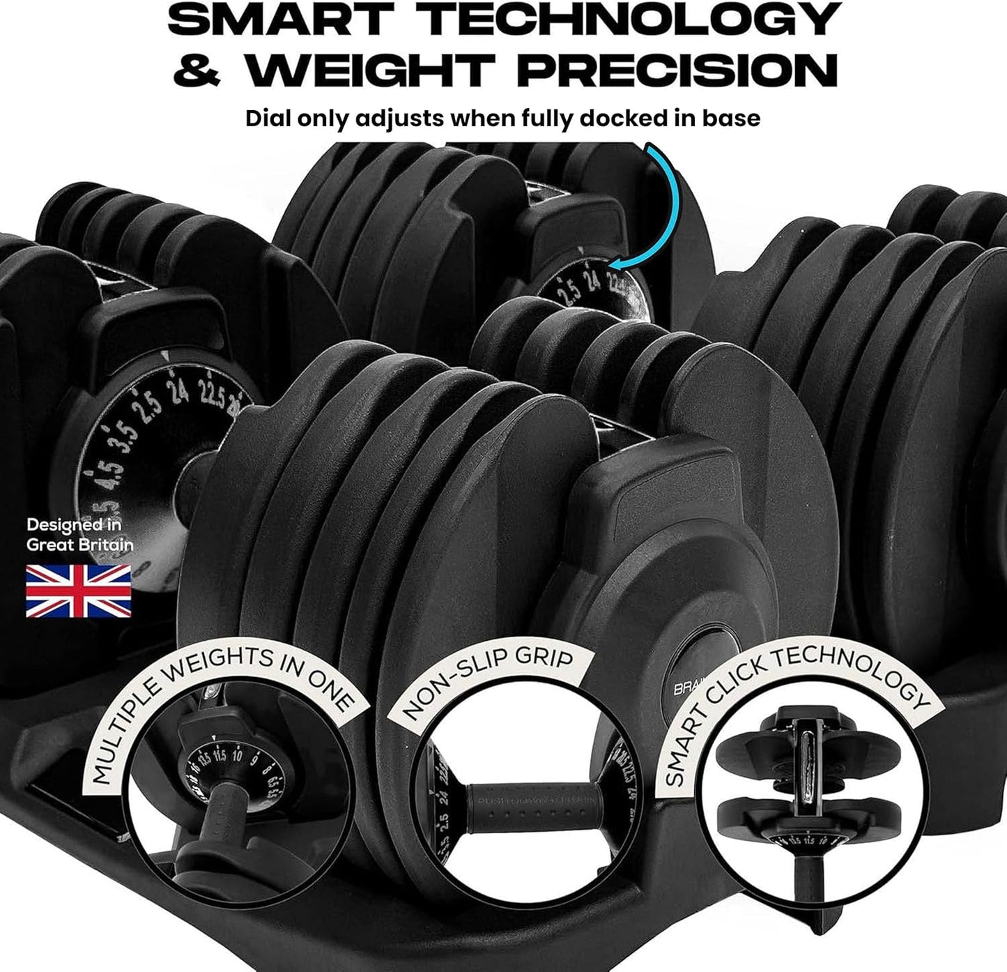 15-In-1 Adjustable Dumbbells 24Kg Pair, Quick Change Weights, Space Saving Home Gym Set, Secure Locking System, Non Slip Grip, Includes Storage Dock