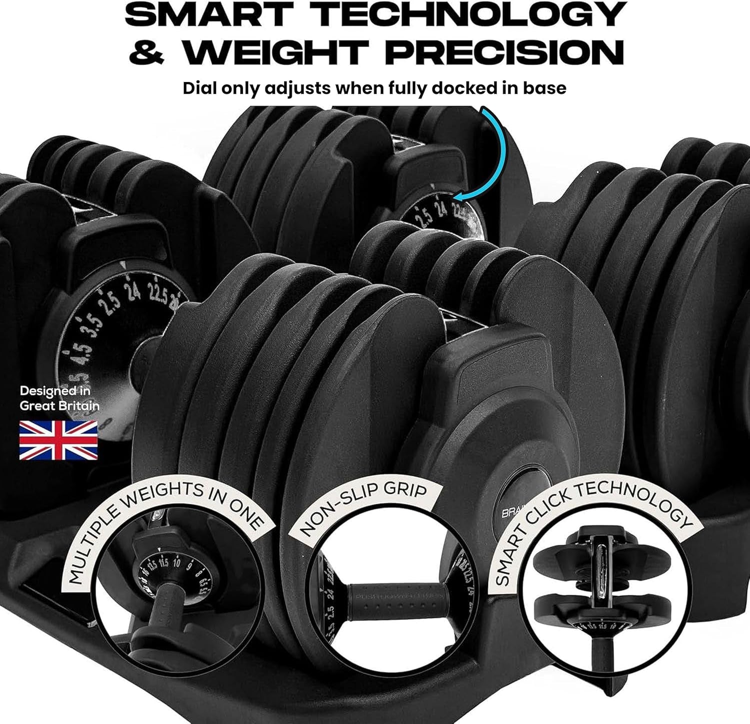 15-In-1 Adjustable Dumbbells 24Kg Pair, Quick Change Weights, Space Saving Home Gym Set, Secure Locking System, Non Slip Grip, Includes Storage Dock