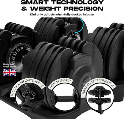 15-In-1 Adjustable Dumbbells 24Kg Pair, Quick Change Weights, Space Saving Home Gym Set, Secure Locking System, Non Slip Grip, Includes Storage Dock
