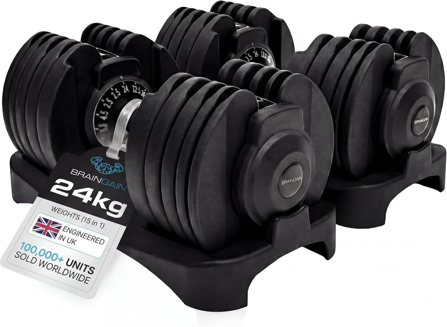 15-In-1 Adjustable Dumbbells 24Kg Pair, Quick Change Weights, Space Saving Home Gym Set, Secure Locking System, Non Slip Grip, Includes Storage Dock