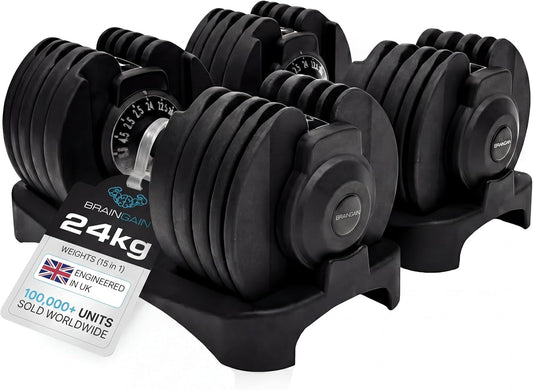 15-In-1 Adjustable Dumbbells 24Kg Pair, Quick Change Weights, Space Saving Home Gym Set, Secure Locking System, Non Slip Grip, Includes Storage Dock