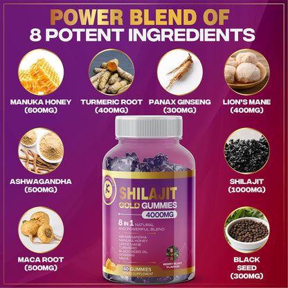 Shilajit Gummies 8-In-1 Blend - Ashwagandha, Manuka Honey, Maca Root, Ginseng, Turmeric, Lion’S Mane, Black Seed Oil - High Strength, 60 Gummies