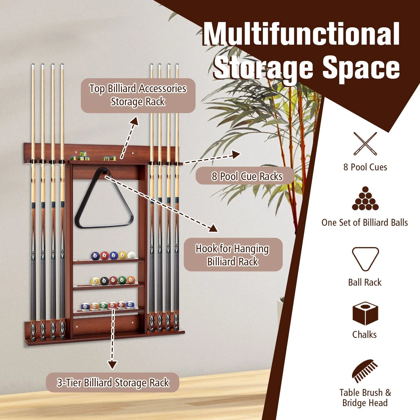 Wall-Mounted Billiards Pool Cue Rack