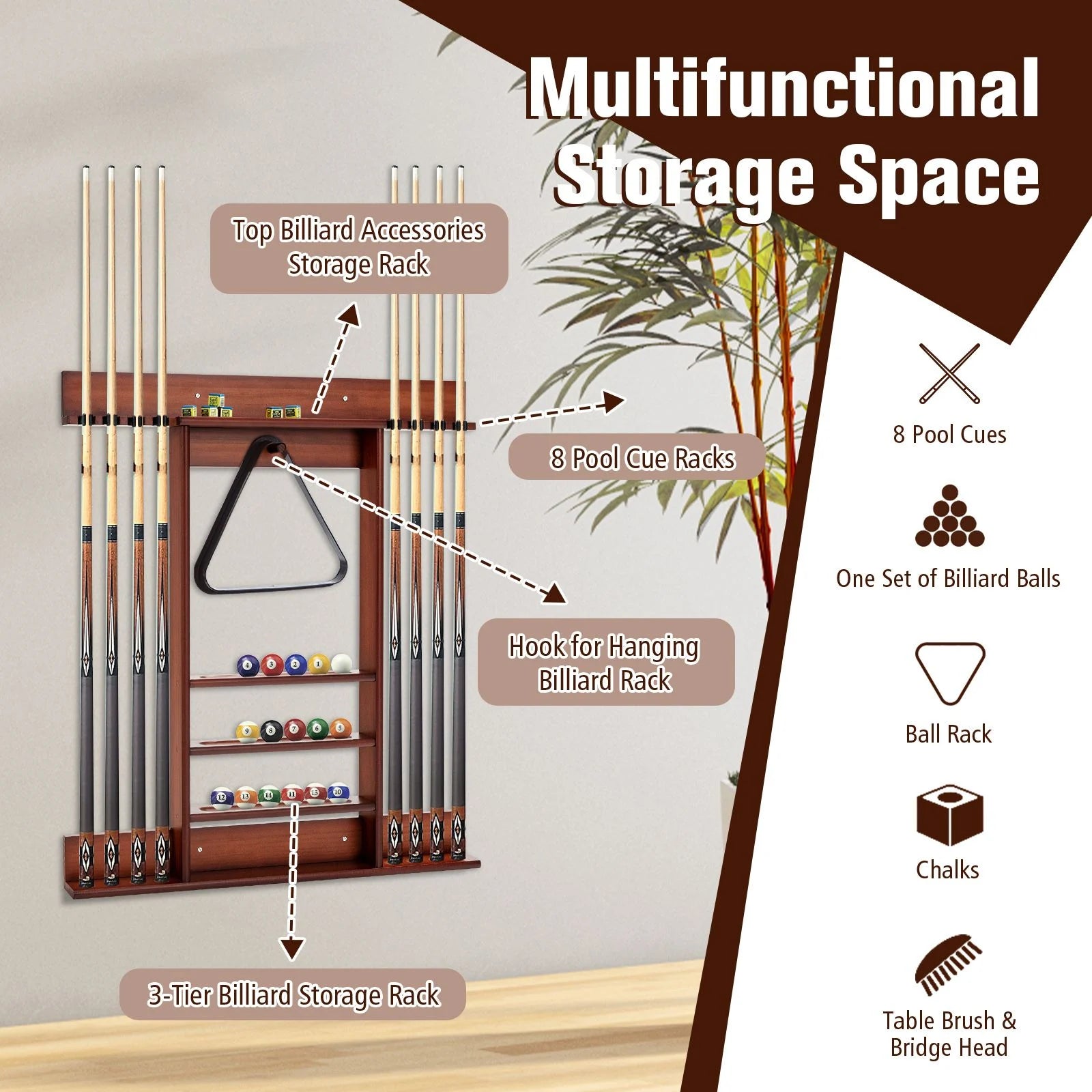 Wall-Mounted Billiards Pool Cue Rack