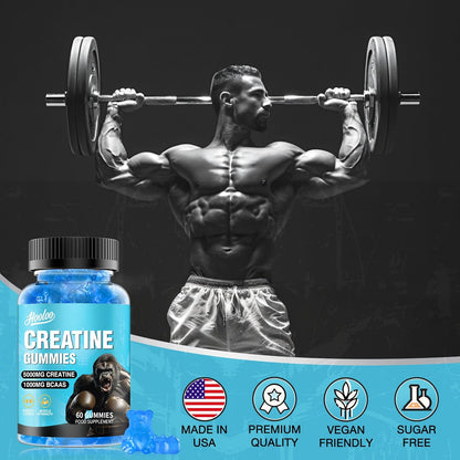 Creatine Gummies 5000Mg Creatine Monohydrate with 1000Mg Bcaas (1 Month Supply) for Men & Women, Vegan & Sugar-Free, Easy Pre/Post Workout Gym Support for Performance and Muscle Power, Blueberry