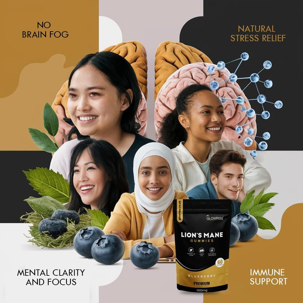 Lions Mane Mushroom Gummies for Adults 60,000 Mg per Pack Vegan Supplements, Sugar Free Mushroom, Immune Support Gummies (Two Months Supply) Blueberry Flavor