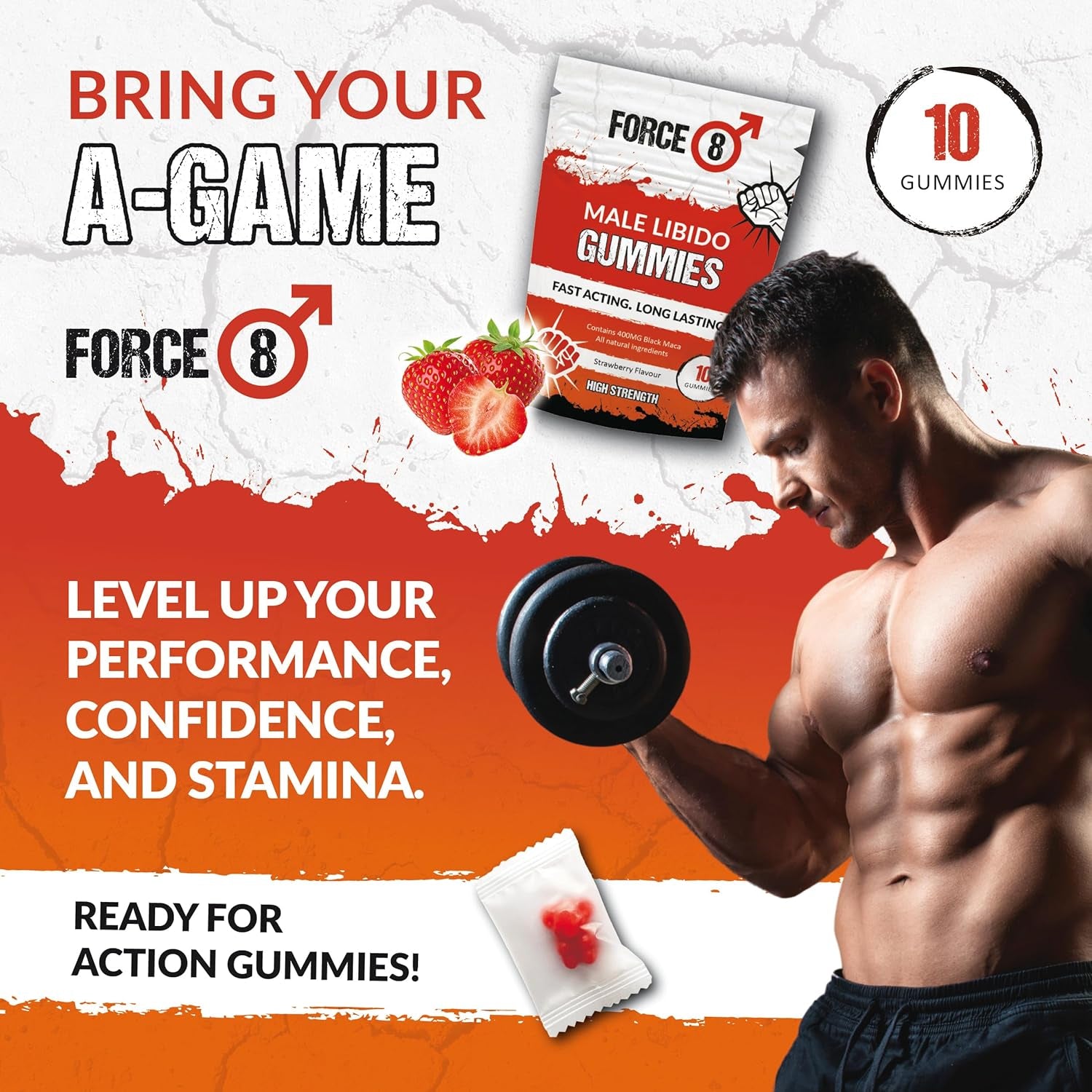 Force 8 Libido Supplement for Men | High Strength | Natural & Nutritional 400G Maca Root Complex | X10 Long Lasting Strawberry Flavoured Gummies