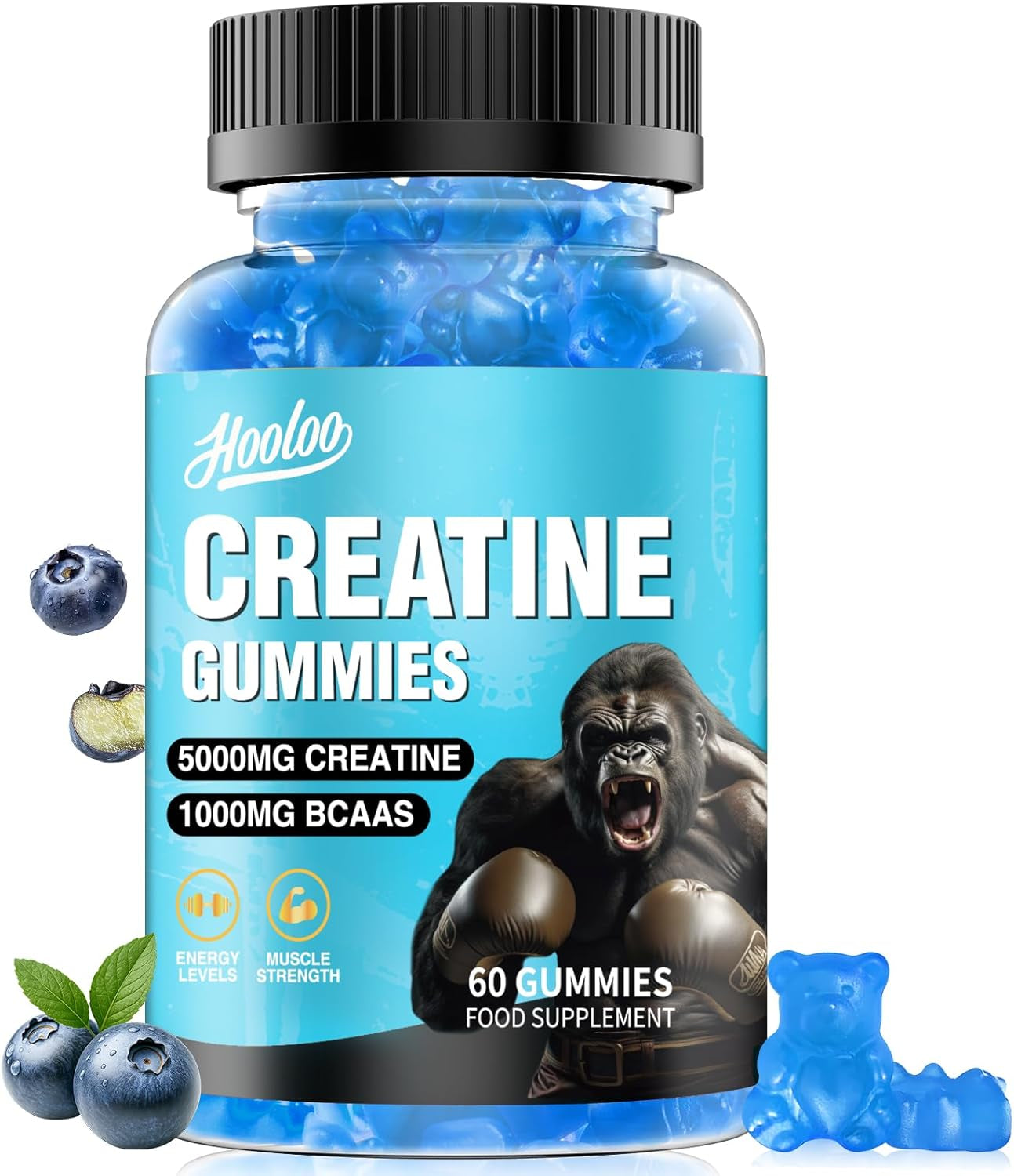 Creatine Gummies 5000Mg Creatine Monohydrate with 1000Mg Bcaas (1 Month Supply) for Men & Women, Vegan & Sugar-Free, Easy Pre/Post Workout Gym Support for Performance and Muscle Power, Blueberry
