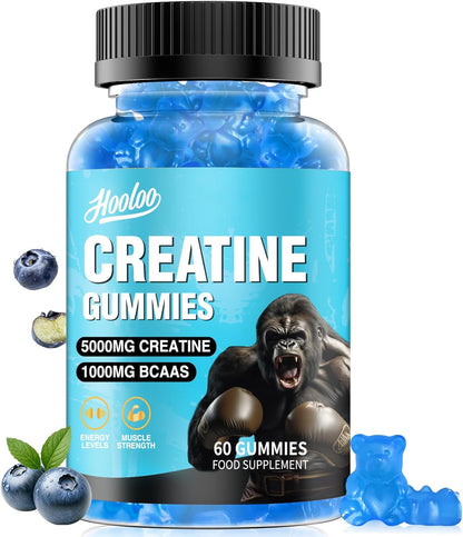 Creatine Gummies 5000Mg Creatine Monohydrate with 1000Mg Bcaas (1 Month Supply) for Men & Women, Vegan & Sugar-Free, Easy Pre/Post Workout Gym Support for Performance and Muscle Power, Blueberry