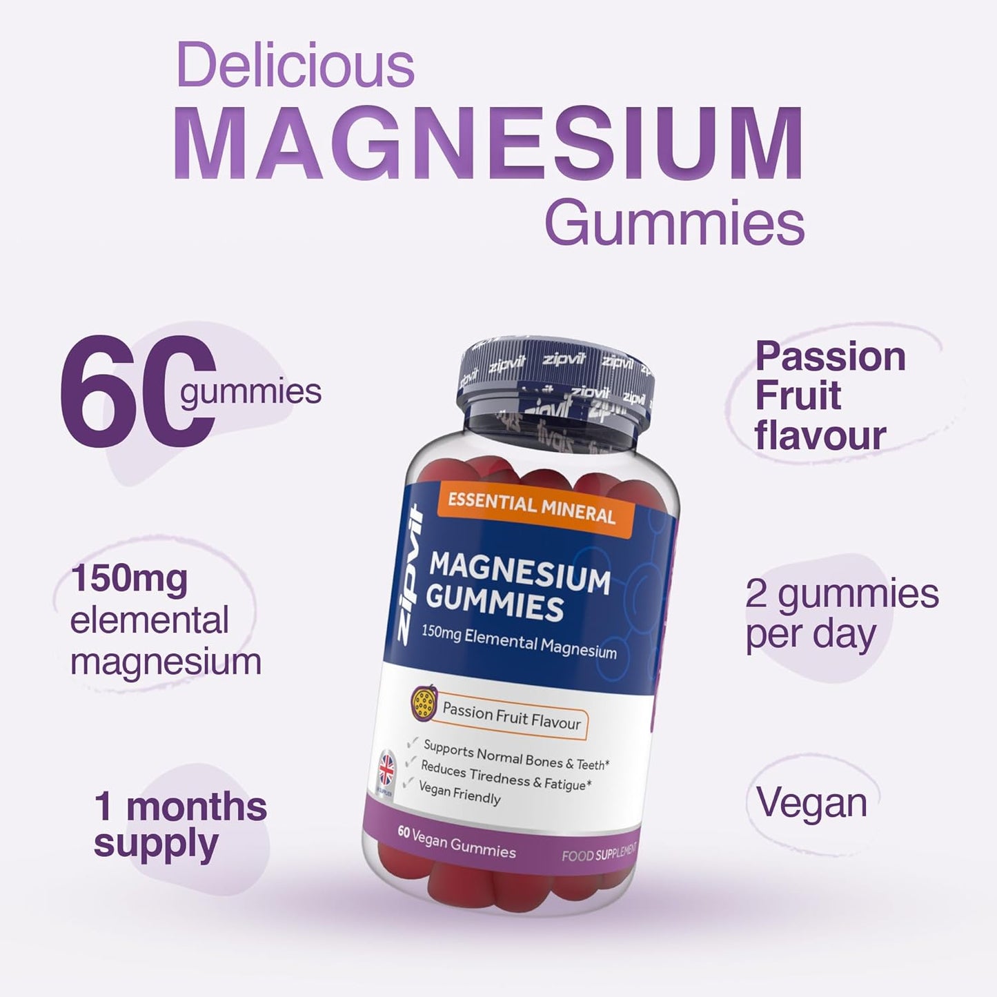Magnesium Gummies for Adults, 150Mg Elemental Magnesium Citrate, Supports Energy, Muscle & Bone Health, Passionfruit Flavour, 60 Vegan Gummies, 1 Month Supply