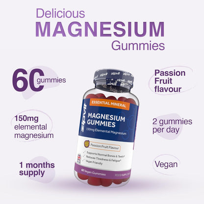 Magnesium Gummies for Adults, 150Mg Elemental Magnesium Citrate, Supports Energy, Muscle & Bone Health, Passionfruit Flavour, 60 Vegan Gummies, 1 Month Supply