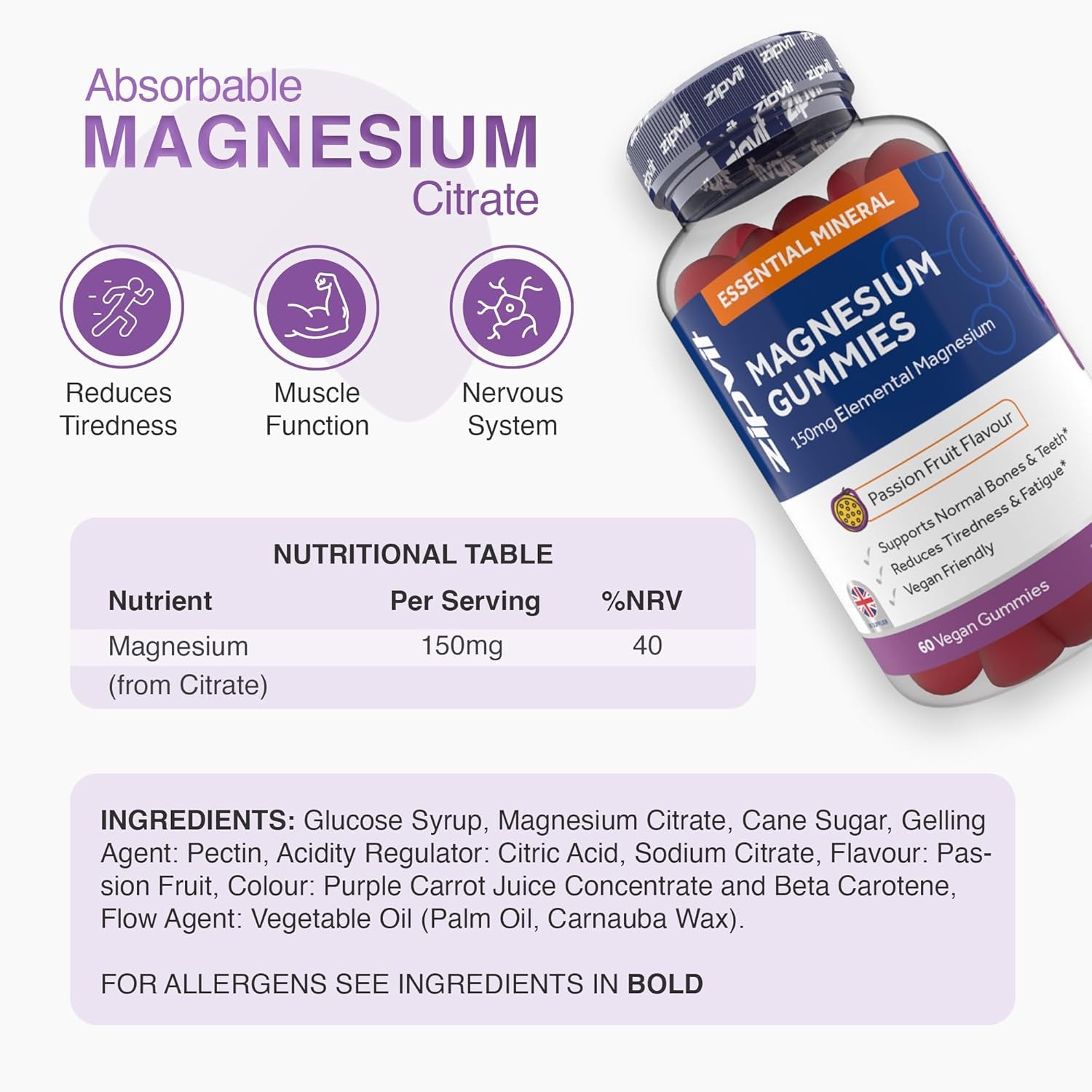 Magnesium Gummies for Adults, 150Mg Elemental Magnesium Citrate, Supports Energy, Muscle & Bone Health, Passionfruit Flavour, 60 Vegan Gummies, 1 Month Supply