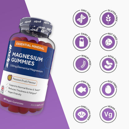 Magnesium Gummies for Adults, 150Mg Elemental Magnesium Citrate, Supports Energy, Muscle & Bone Health, Passionfruit Flavour, 60 Vegan Gummies, 1 Month Supply
