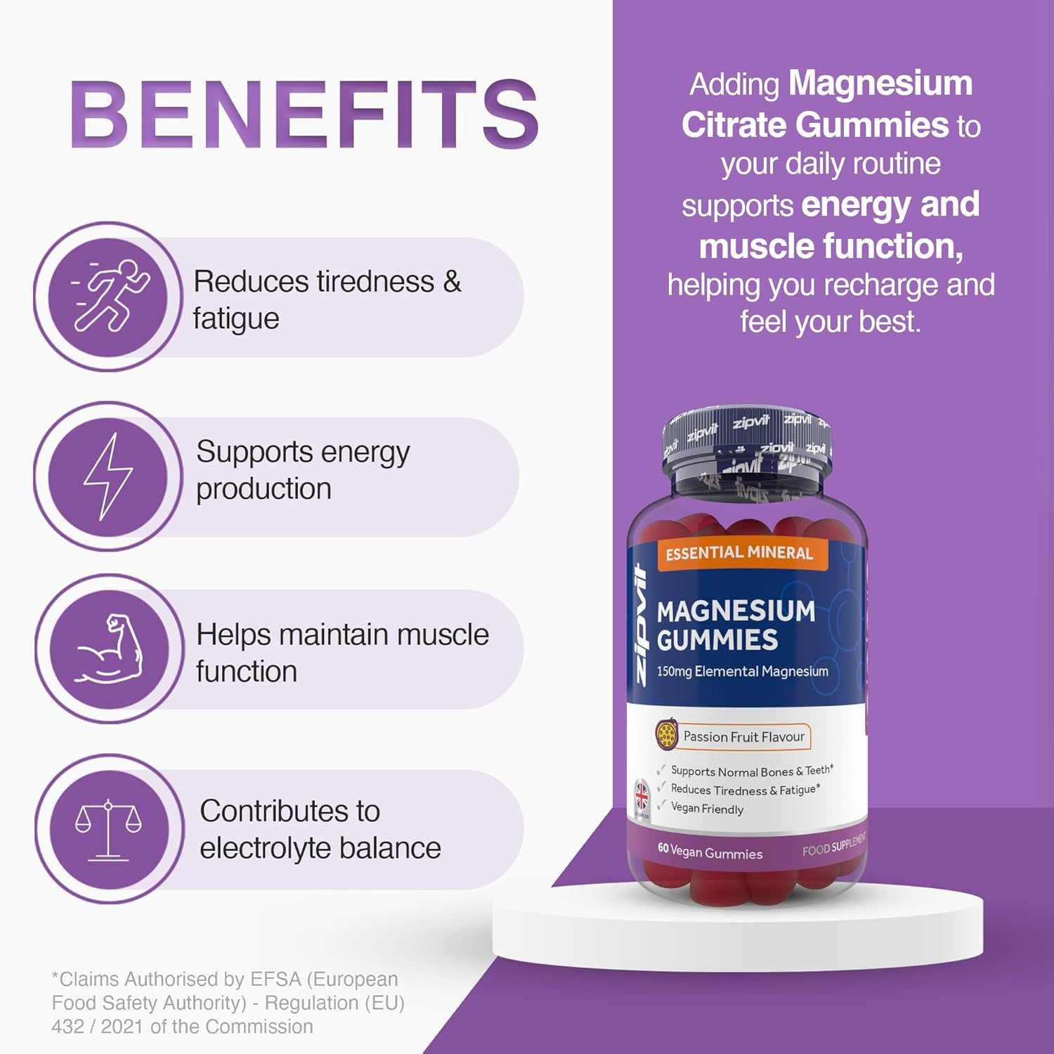 Magnesium Gummies for Adults, 150Mg Elemental Magnesium Citrate, Supports Energy, Muscle & Bone Health, Passionfruit Flavour, 60 Vegan Gummies, 1 Month Supply