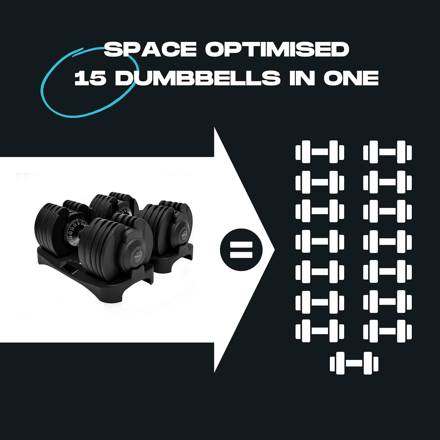 15-In-1 Adjustable Dumbbells 24Kg Pair, Quick Change Weights, Space Saving Home Gym Set, Secure Locking System, Non Slip Grip, Includes Storage Dock