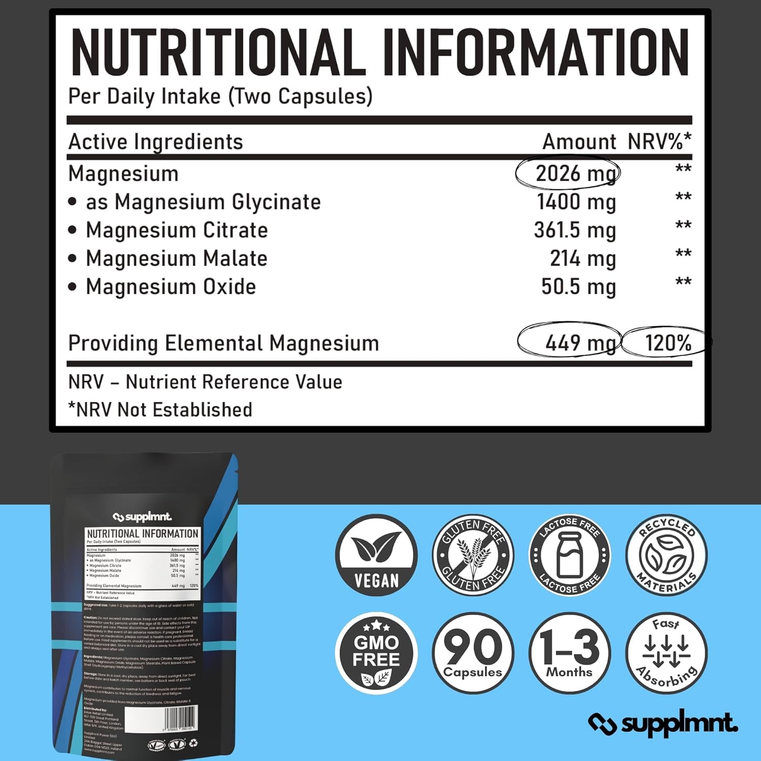Magnesium Glycinate 4-In-1 Complex - 2026Mg Supplements as Bisglycinate, Citrate, Malate & Oxide 90 Vegan Capsules, Triple High Absorption 449Mg Elemental, UK Made