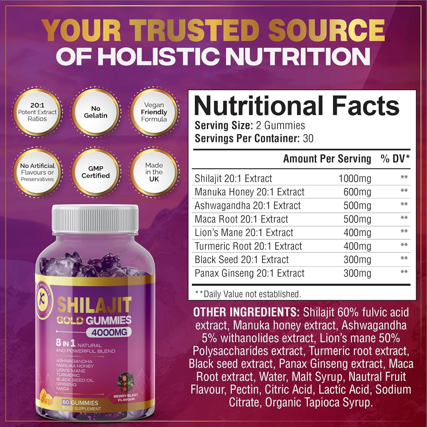 Shilajit Gummies 8-In-1 Blend - Ashwagandha, Manuka Honey, Maca Root, Ginseng, Turmeric, Lion’S Mane, Black Seed Oil - High Strength, 60 Gummies