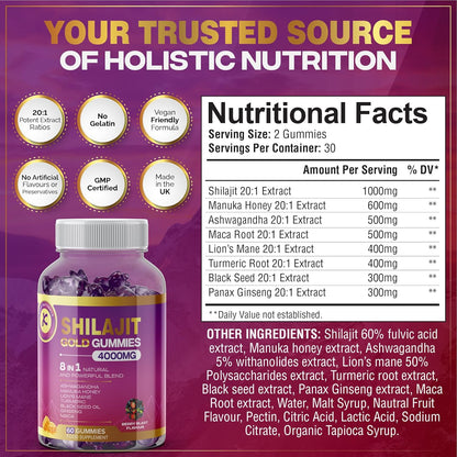 Shilajit Gummies 8-In-1 Blend - Ashwagandha, Manuka Honey, Maca Root, Ginseng, Turmeric, Lion’S Mane, Black Seed Oil - High Strength, 60 Gummies