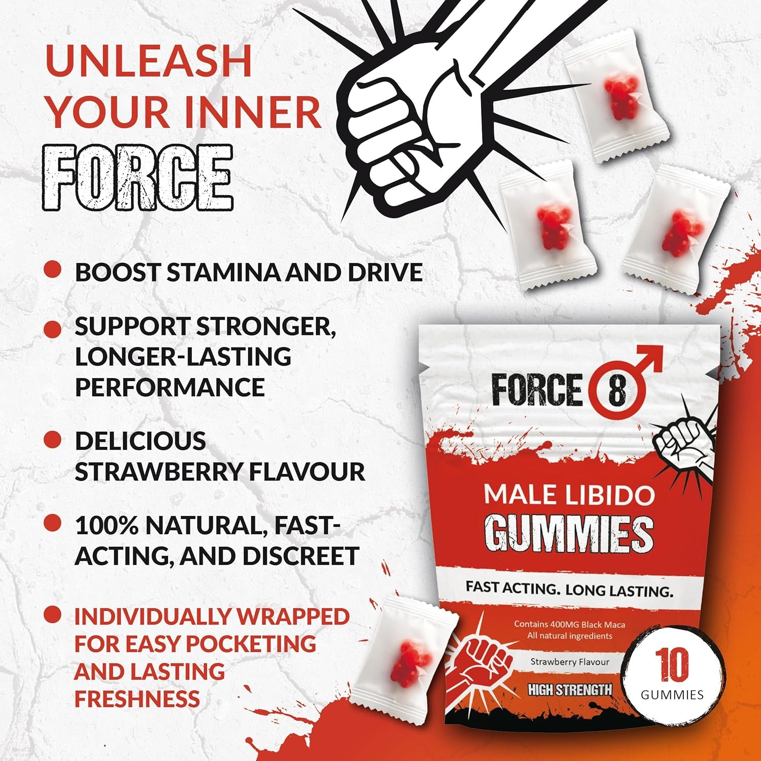 Force 8 Libido Supplement for Men | High Strength | Natural & Nutritional 400G Maca Root Complex | X10 Long Lasting Strawberry Flavoured Gummies
