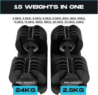 15-In-1 Adjustable Dumbbells 24Kg Pair, Quick Change Weights, Space Saving Home Gym Set, Secure Locking System, Non Slip Grip, Includes Storage Dock